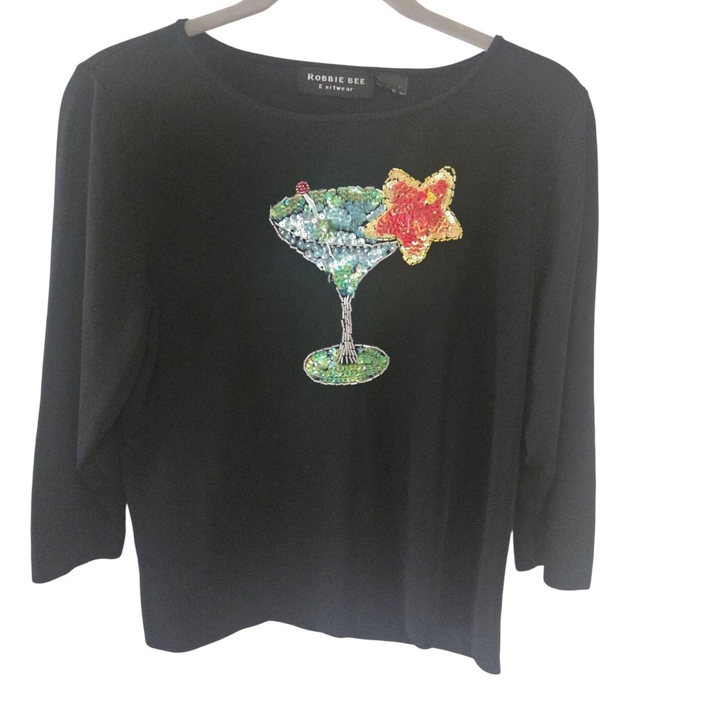 Robbie Bee Black Knitwear Long Sleeve Top Martini Cocktail Sequin Embellished  M